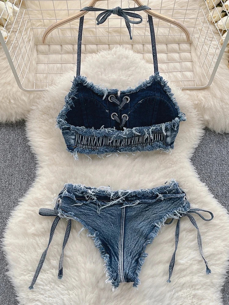 IMIEMIE OIINAA Bathing Suit Women Sexy Denim Suits Bikini Set Lace Up Drawstring Beachwear 2024 Solid Summer Vintage Two-pieces Swimwear