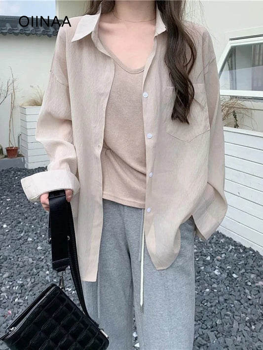 IMIEMIE OIINAA Blouse Women Shirt Korean Fashion Thin Tops Coat Turn-Down Collar Single-Breasted Shirts Summer 2024 New Casual Blouse