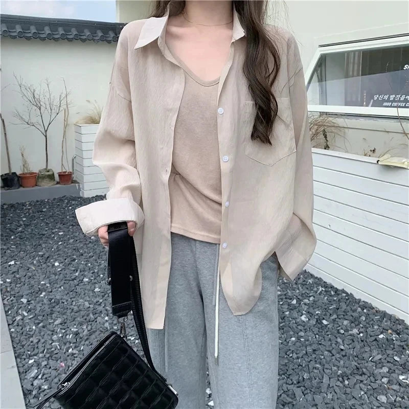 IMIEMIE OIINAA Blouse Women Shirt Korean Fashion Thin Tops Coat Turn-Down Collar Single-Breasted Shirts Summer 2024 New Casual Blouse