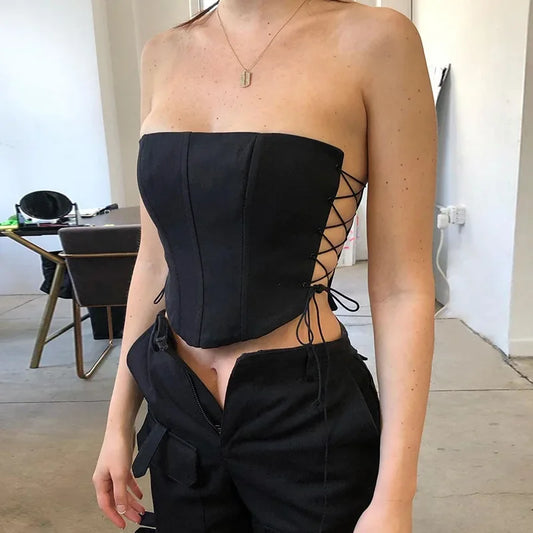 IMIEMIE Off Shoulder Strapless Lace Up Sexy Bustier Corset Crop Tops for Women Black Sleeveless Vest Top Cropped Feminino