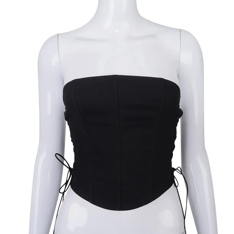 IMIEMIE Off Shoulder Strapless Lace Up Sexy Bustier Corset Crop Tops for Women Black Sleeveless Vest Top Cropped Feminino