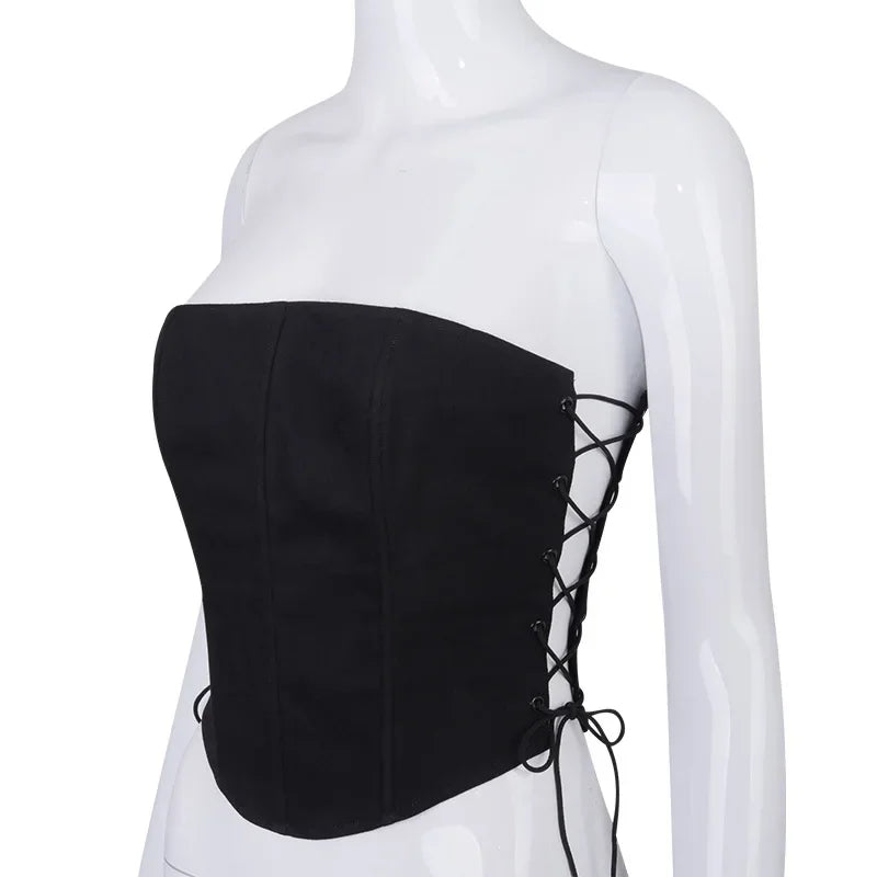 IMIEMIE Off Shoulder Strapless Lace Up Sexy Bustier Corset Crop Tops for Women Black Sleeveless Vest Top Cropped Feminino