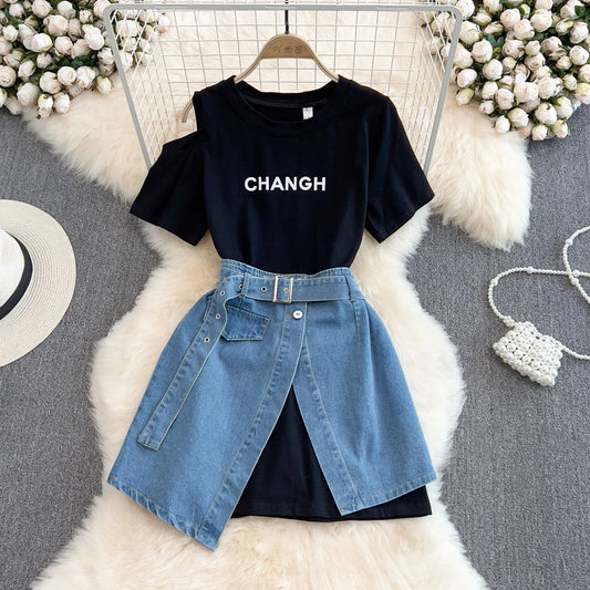 IMIEMIE Off The Shoulder TShirt Denim Skirt Set Women Round Neck Letter Print Long Tee High Waist Jean Skirt 2Piece Set Female