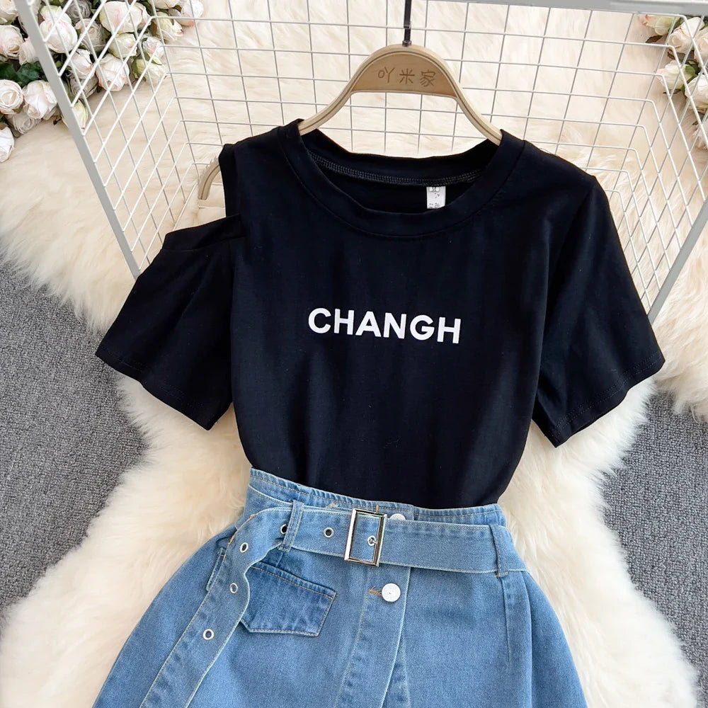 IMIEMIE Off The Shoulder TShirt Denim Skirt Set Women Round Neck Letter Print Long Tee High Waist Jean Skirt 2Piece Set Female