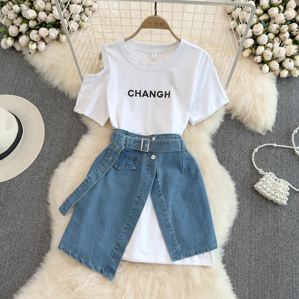 IMIEMIE Off The Shoulder TShirt Denim Skirt Set Women Round Neck Letter Print Long Tee High Waist Jean Skirt 2Piece Set Female