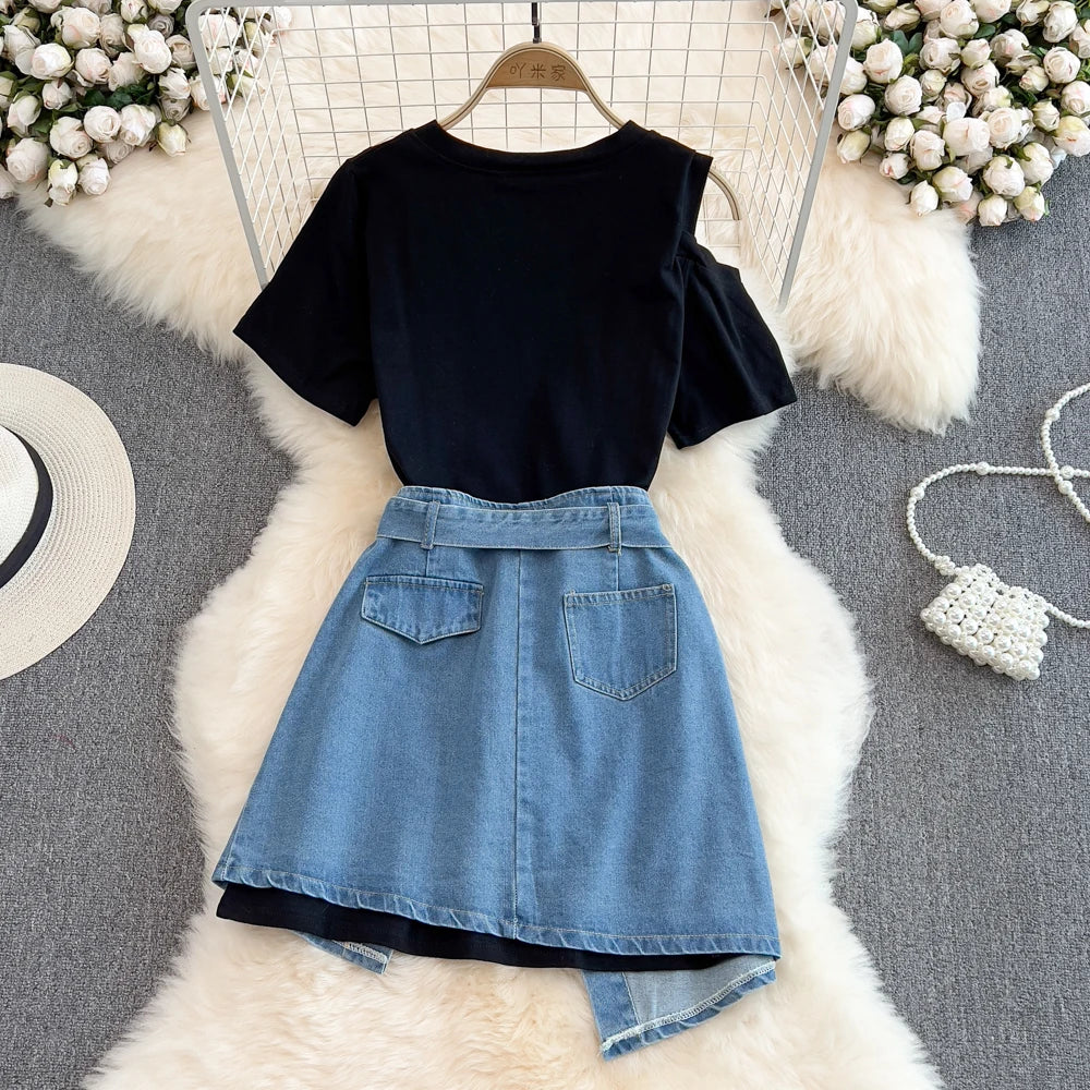 IMIEMIE Off The Shoulder TShirt Denim Skirt Set Women Round Neck Letter Print Long Tee High Waist Jean Skirt 2Piece Set Female