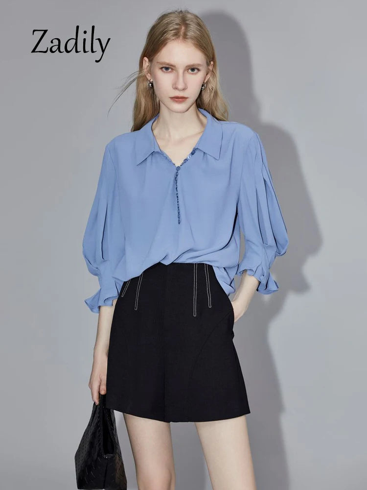 IMIEMIE Office Lady Half Puff Sleeve Women Loose Shirt 2024 Summer Turn Down Collar Button Blouse Work Female Clothing Thin Tops