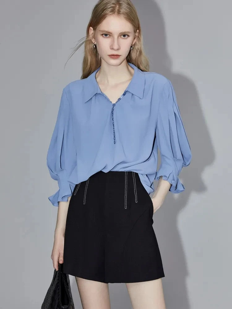 IMIEMIE Office Lady Half Puff Sleeve Women Loose Shirt 2024 Summer Turn Down Collar Button Blouse Work Female Clothing Thin Tops