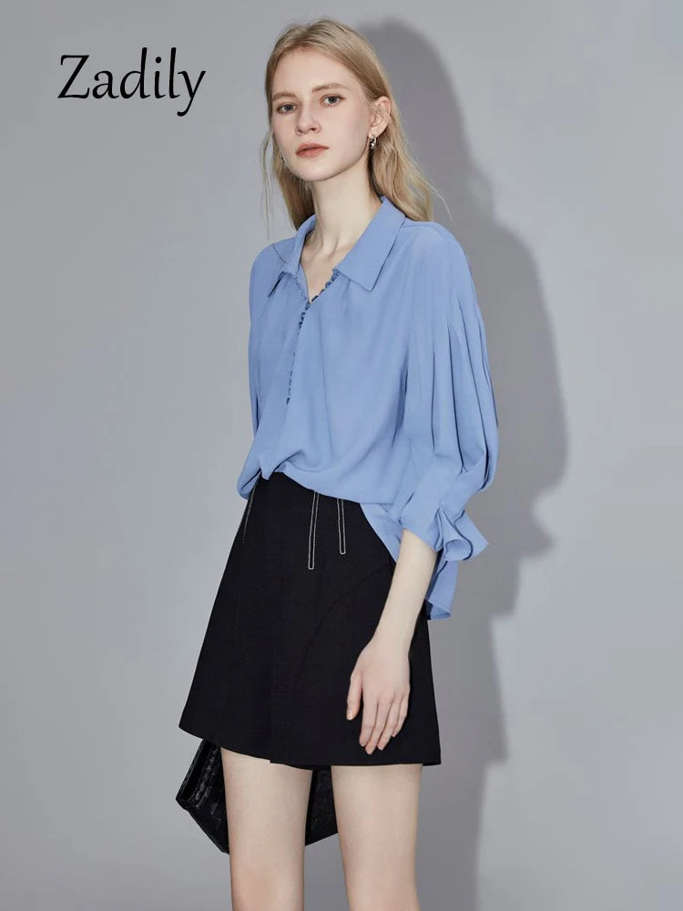 IMIEMIE Office Lady Half Puff Sleeve Women Loose Shirt 2024 Summer Turn Down Collar Button Blouse Work Female Clothing Thin Tops