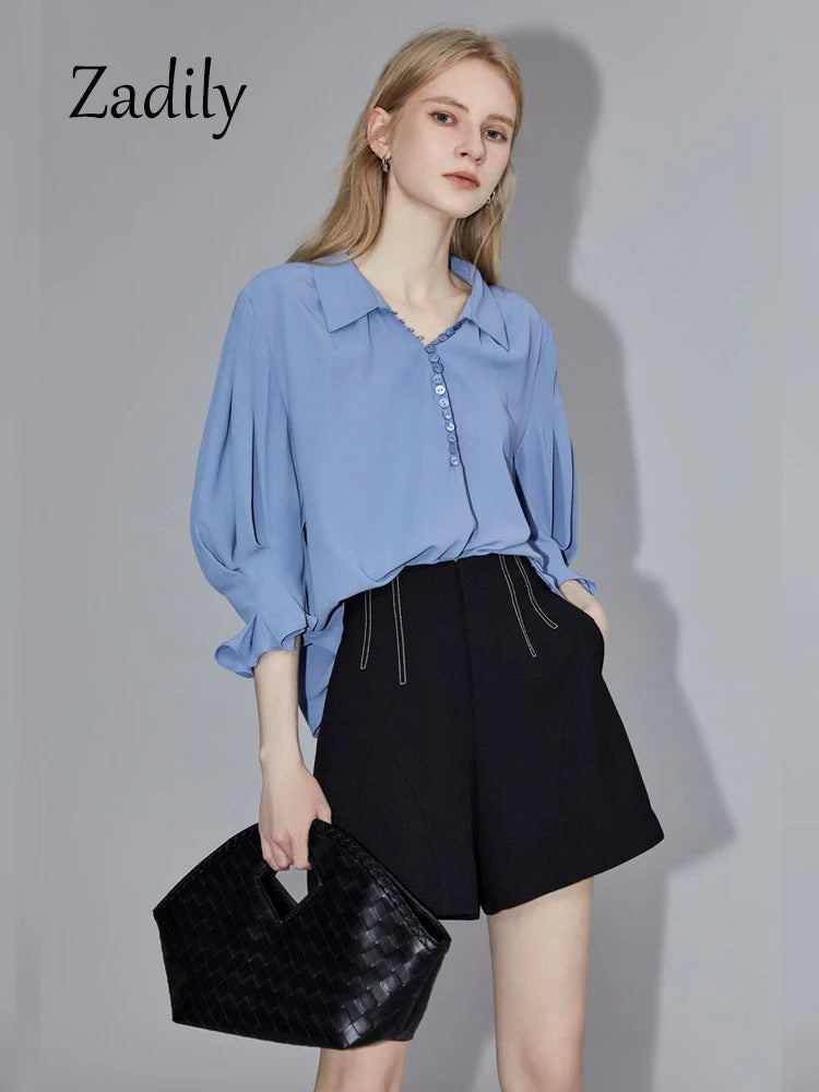 IMIEMIE Office Lady Half Puff Sleeve Women Loose Shirt 2024 Summer Turn Down Collar Button Blouse Work Female Clothing Thin Tops