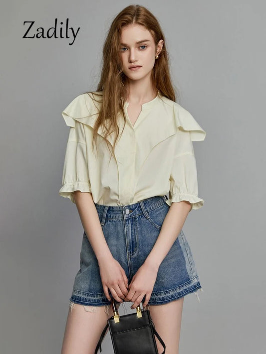 IMIEMIE Office Lady Short Sleeve Ruffles Women Cotton Shirt 2024 Summer Button Up Loose Work Shirts Solid Color Blouse Female Clothing