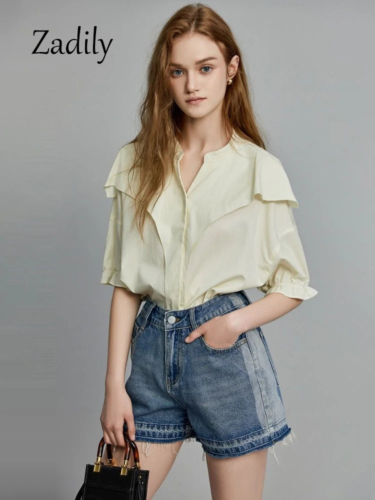 IMIEMIE Office Lady Short Sleeve Ruffles Women Cotton Shirt 2024 Summer Button Up Loose Work Shirts Solid Color Blouse Female Clothing