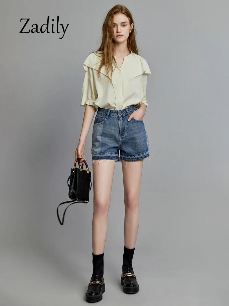 IMIEMIE Office Lady Short Sleeve Ruffles Women Cotton Shirt 2024 Summer Button Up Loose Work Shirts Solid Color Blouse Female Clothing