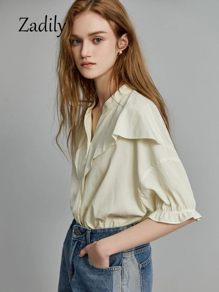 IMIEMIE Office Lady Short Sleeve Ruffles Women Cotton Shirt 2024 Summer Button Up Loose Work Shirts Solid Color Blouse Female Clothing