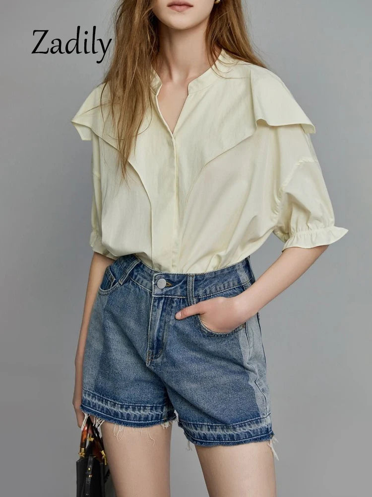 IMIEMIE Office Lady Short Sleeve Ruffles Women Cotton Shirt 2024 Summer Button Up Loose Work Shirts Solid Color Blouse Female Clothing