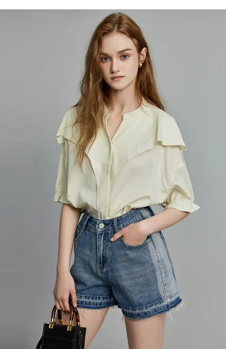 IMIEMIE Office Lady Short Sleeve Ruffles Women Cotton Shirt 2024 Summer Button Up Loose Work Shirts Solid Color Blouse Female Clothing