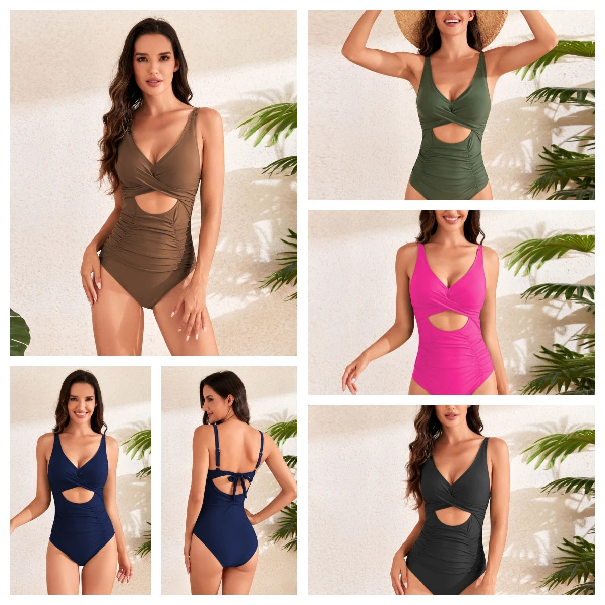 IMIEMIE One -piece Swimsuit Women Solid Color Pleated Swimwear High Waist Sexy Bikini Set Female