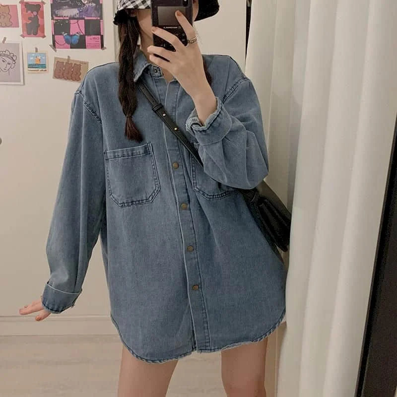 IMIEMIE Oversize Denim Shirts and Blouses Women Loose Fit Denim Shirt Long Sleeve Blouses Regular Women Tops Clothes for Women Shirts