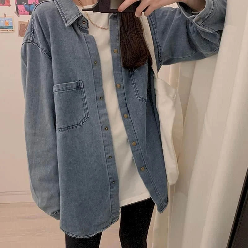 IMIEMIE Oversize Denim Shirts and Blouses Women Loose Fit Denim Shirt Long Sleeve Blouses Regular Women Tops Clothes for Women Shirts