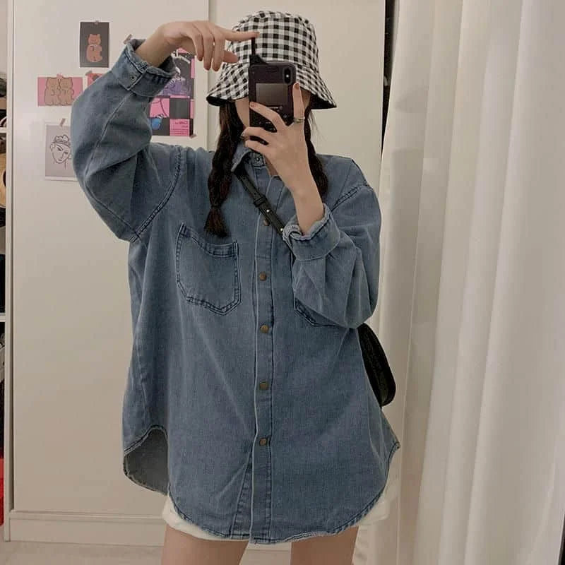 IMIEMIE Oversize Denim Shirts and Blouses Women Loose Fit Denim Shirt Long Sleeve Blouses Regular Women Tops Clothes for Women Shirts