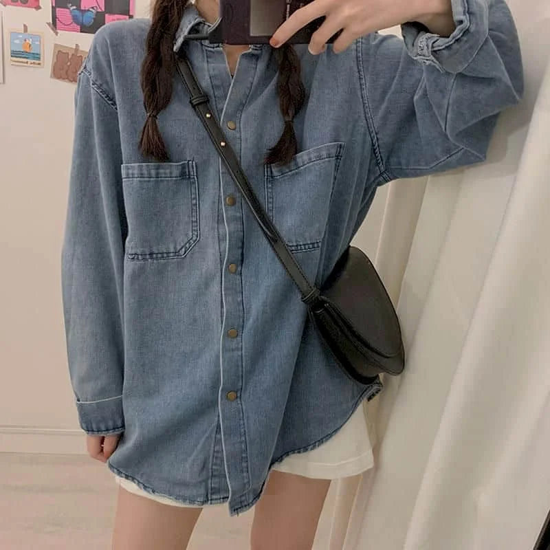 IMIEMIE Oversize Denim Shirts and Blouses Women Loose Fit Denim Shirt Long Sleeve Blouses Regular Women Tops Clothes for Women Shirts