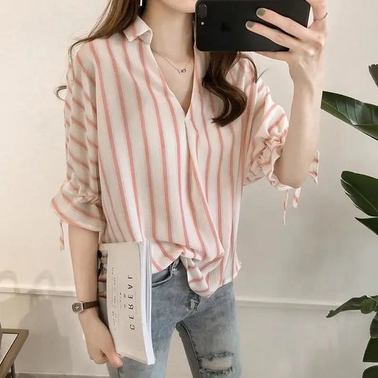 IMIEMIE Oversized Stylish Striped 3/4 Sleeves Lace Up Shirt for Women's Summer New Loose Temperament Versatile Commuting Top for Women