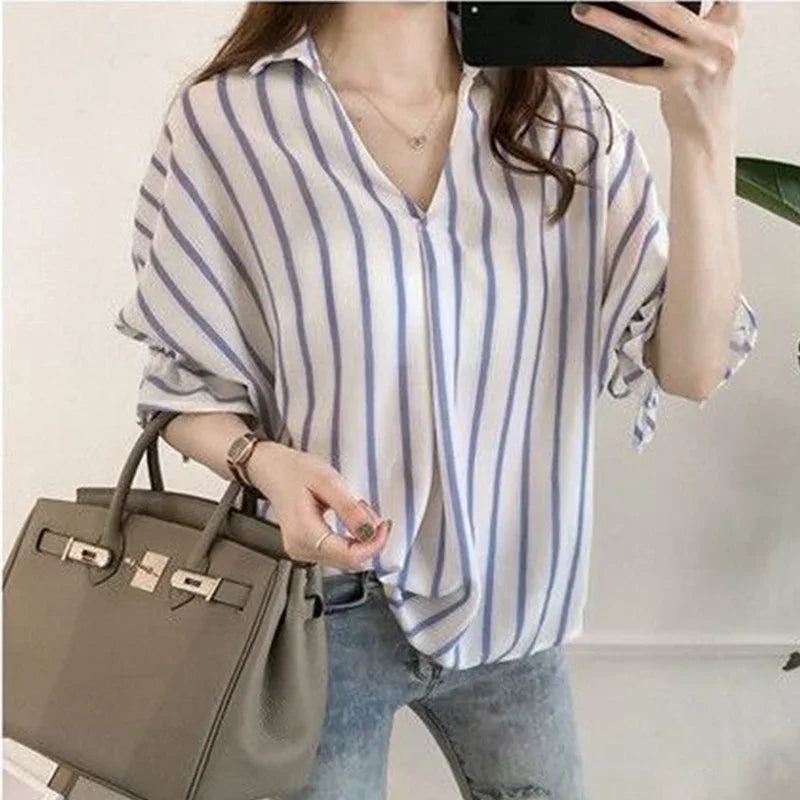 IMIEMIE Oversized Stylish Striped 3/4 Sleeves Lace Up Shirt for Women's Summer New Loose Temperament Versatile Commuting Top for Women