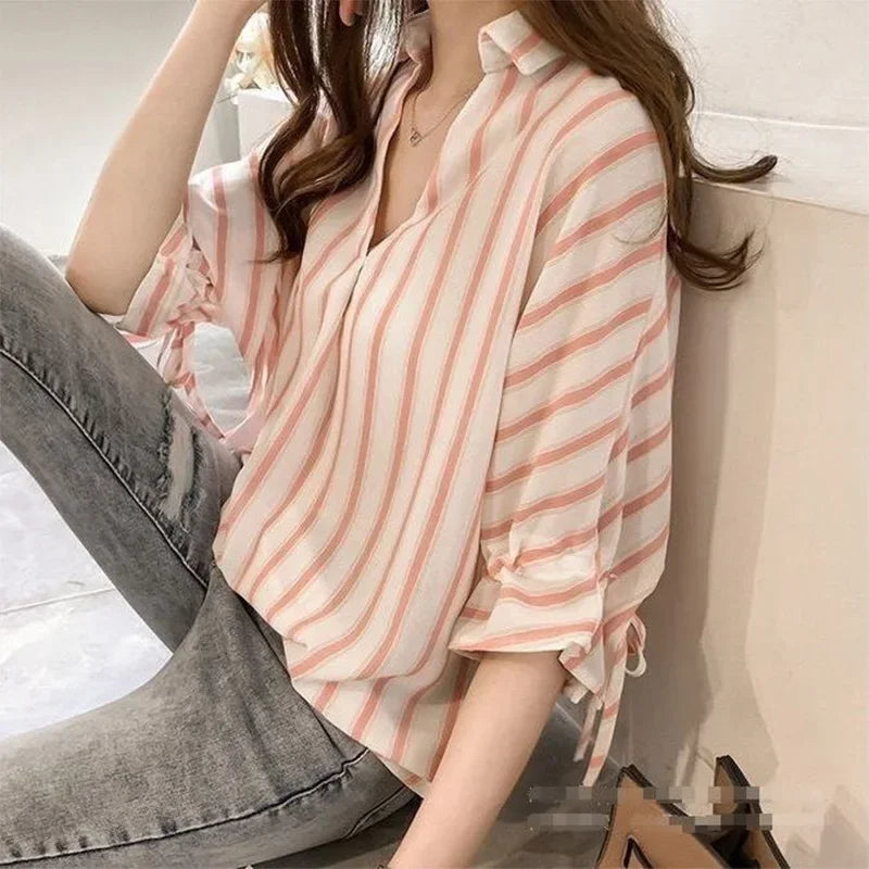 IMIEMIE Oversized Stylish Striped 3/4 Sleeves Lace Up Shirt for Women's Summer New Loose Temperament Versatile Commuting Top for Women