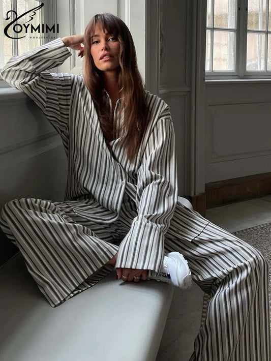 IMIEMIE Oymimi Fashion Grey Striped Print Women Two Piece Set Casual Lapel Button Long Sleeve Shirts And Straight Full Length Pants Sets