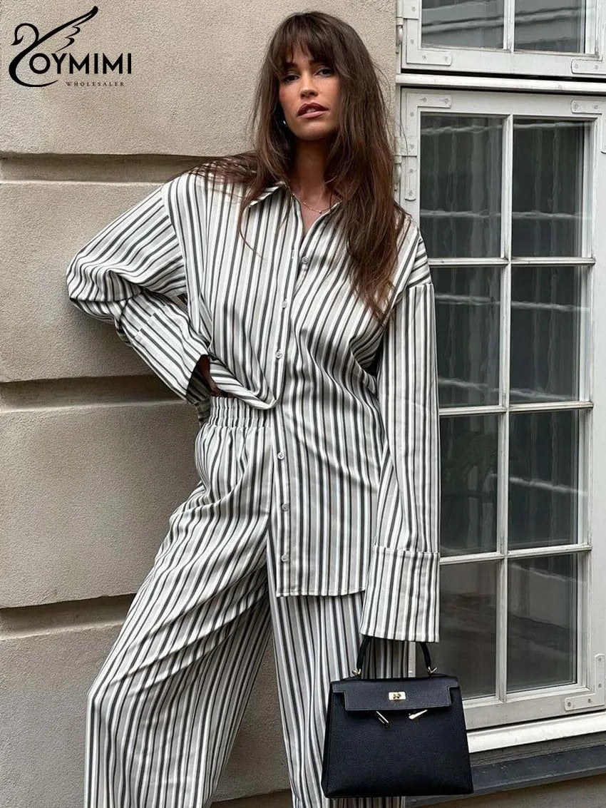 IMIEMIE Oymimi Fashion Grey Striped Print Women Two Piece Set Casual Lapel Button Long Sleeve Shirts And Straight Full Length Pants Sets