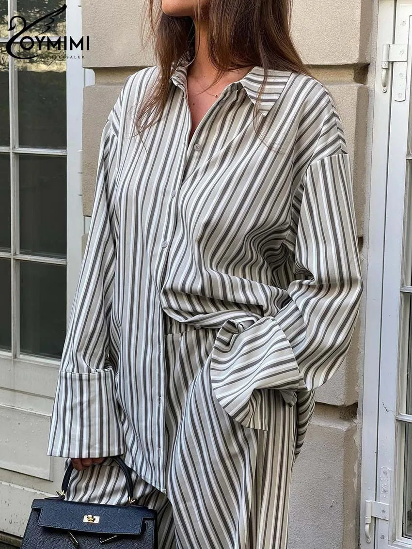 IMIEMIE Oymimi Fashion Grey Striped Print Women Two Piece Set Casual Lapel Button Long Sleeve Shirts And Straight Full Length Pants Sets