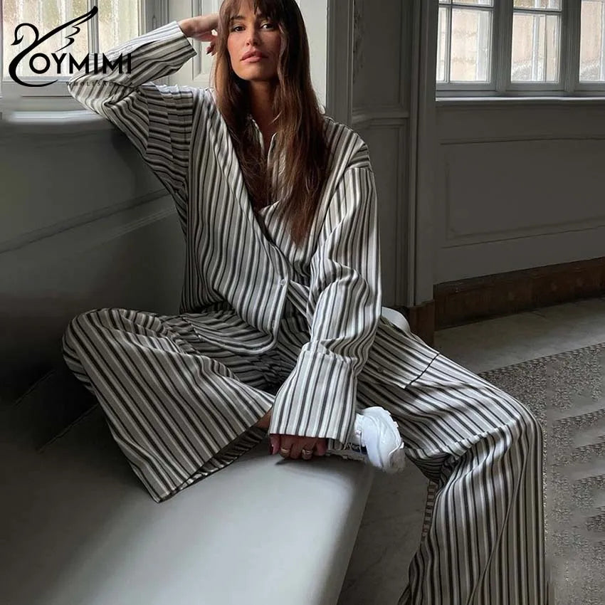 IMIEMIE Oymimi Fashion Grey Striped Print Women Two Piece Set Casual Lapel Button Long Sleeve Shirts And Straight Full Length Pants Sets