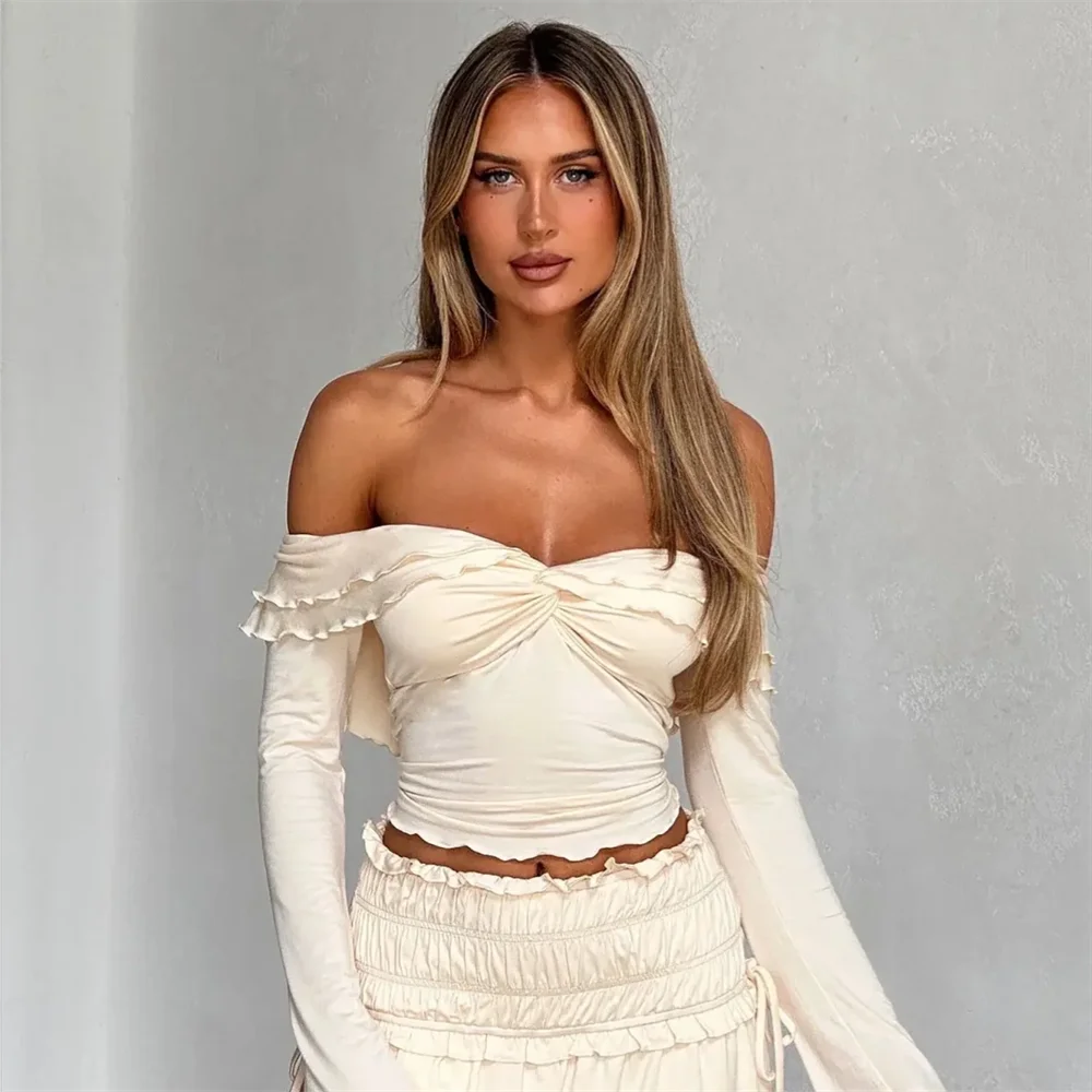 IMIEMIE PB&ZA 2024 Spring New Women's Fashion and Elegance Slim Fit Versatile One Shoulder Short Top Waist Fold Half Skirt Set