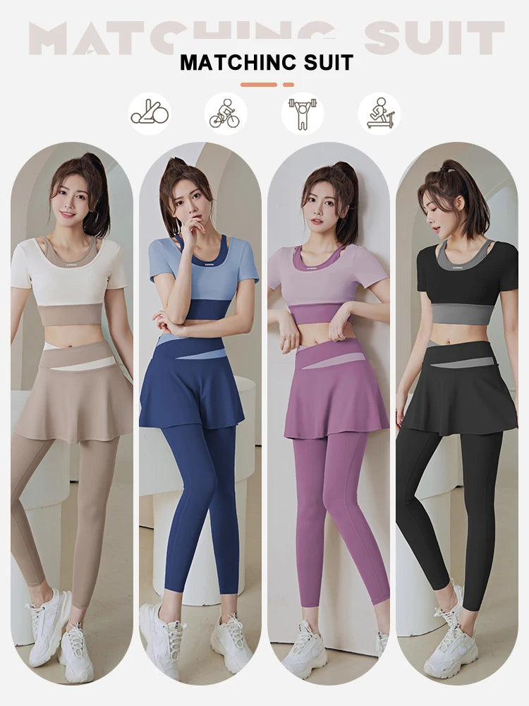 IMIEMIE PINGNIAO Women's gym high-end sports tops morning running Pilates training fitness short-sleeved suit yoga 2-piece set