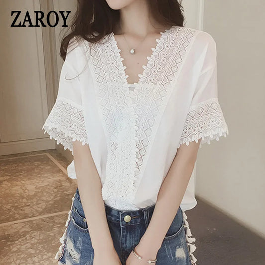 IMIEMIE PLAZSON blusa mujer moda 2024 Summer Women Blouse Lace Patchwork White Shirt short Sleeve Elegant Lady Tops