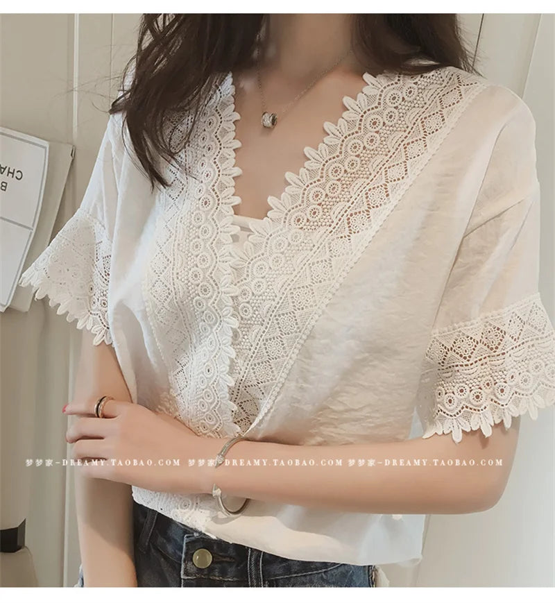 IMIEMIE PLAZSON blusa mujer moda 2024 Summer Women Blouse Lace Patchwork White Shirt short Sleeve Elegant Lady Tops