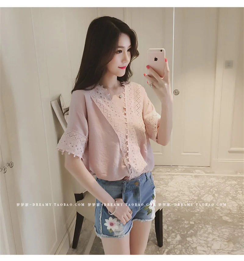 IMIEMIE PLAZSON blusa mujer moda 2024 Summer Women Blouse Lace Patchwork White Shirt short Sleeve Elegant Lady Tops