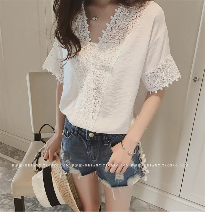 IMIEMIE PLAZSON blusa mujer moda 2024 Summer Women Blouse Lace Patchwork White Shirt short Sleeve Elegant Lady Tops