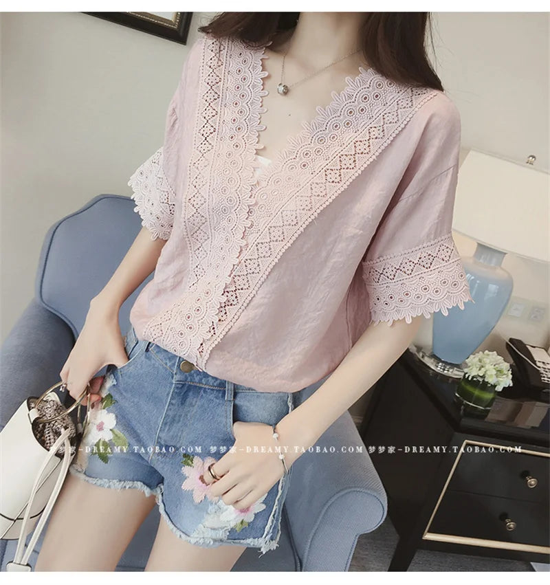 IMIEMIE PLAZSON blusa mujer moda 2024 Summer Women Blouse Lace Patchwork White Shirt short Sleeve Elegant Lady Tops