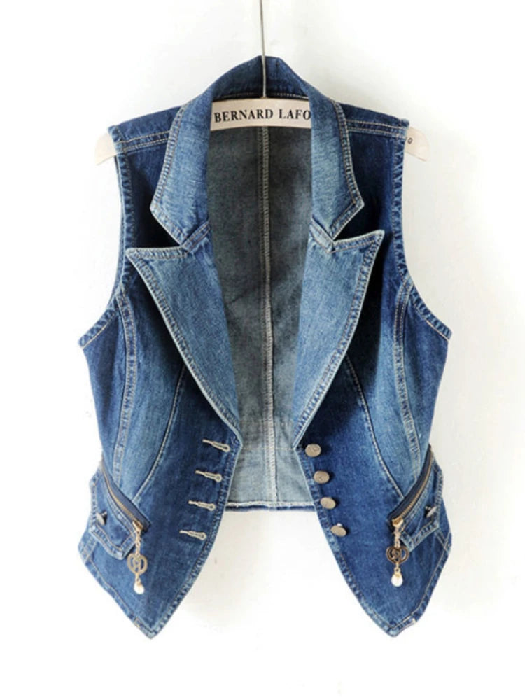 IMIEMIE PTKPCC Casual Female Tops Women Denim Vest Jacket Spring Autumn Clothes Sleeveless Short Jeans Waistcoats Single-Breasted 5XL