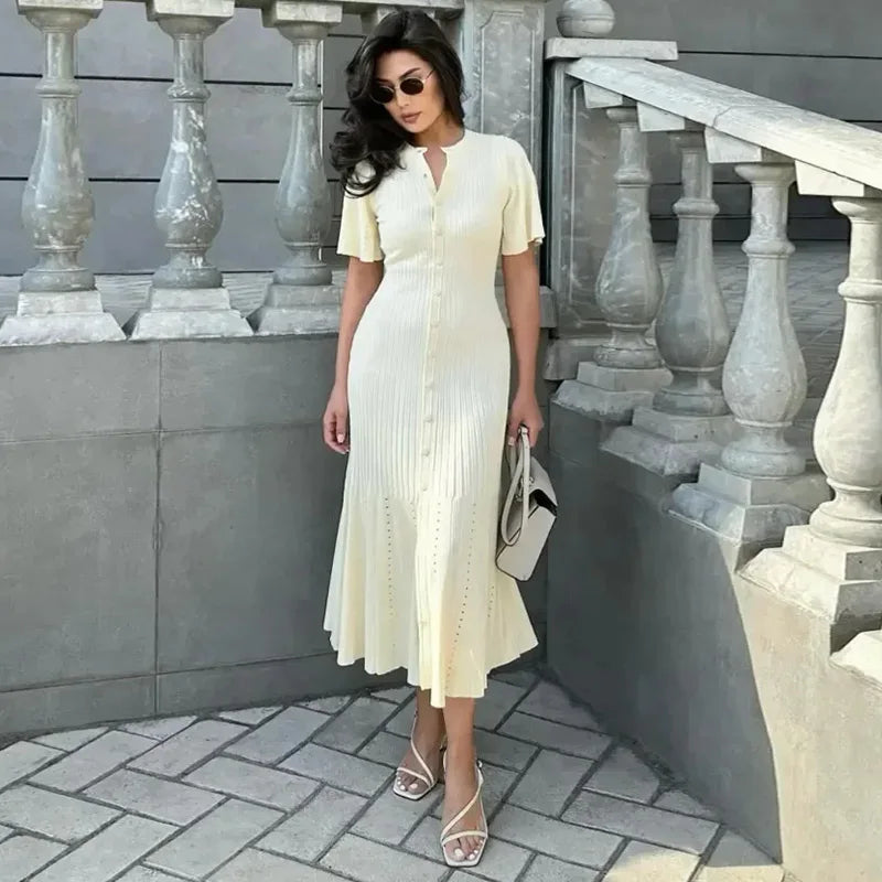 IMIEMIE Patchwork Knitted Maxi Dress For Women Short Sleeve Hollow Out Ribbed Long Party Dresses Elegant O-Neck High Waist Lady Knitwear