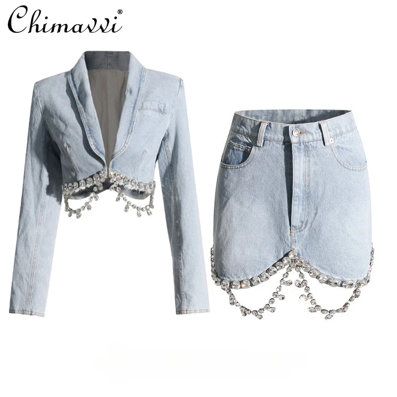 IMIEMIE Personalized Fashion Short Waist Slim Denim Top High Waist Slim Sheath Short Skirt Heavy Diamond Hot Girl Denim Outfits Spring