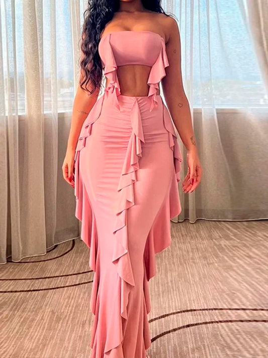 IMIEMIE Pink Sexy Ruffles Two Piece Women Cropped Top and Long Skirts Matching Sets 2024 Fashion Summer Vacation Club Baddie Outfits Y2K