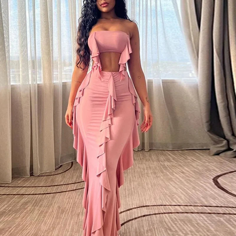 IMIEMIE Pink Sexy Ruffles Two Piece Women Cropped Top and Long Skirts Matching Sets 2024 Fashion Summer Vacation Club Baddie Outfits Y2K