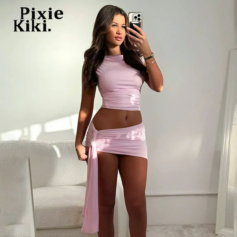 IMIEMIE PixieKiki Sexy Crop Top and Draped Mini Skirt Sets Women 2 Piece Outfit Summer Clothes Women 2024 Club Dress Suits C85-CZ24