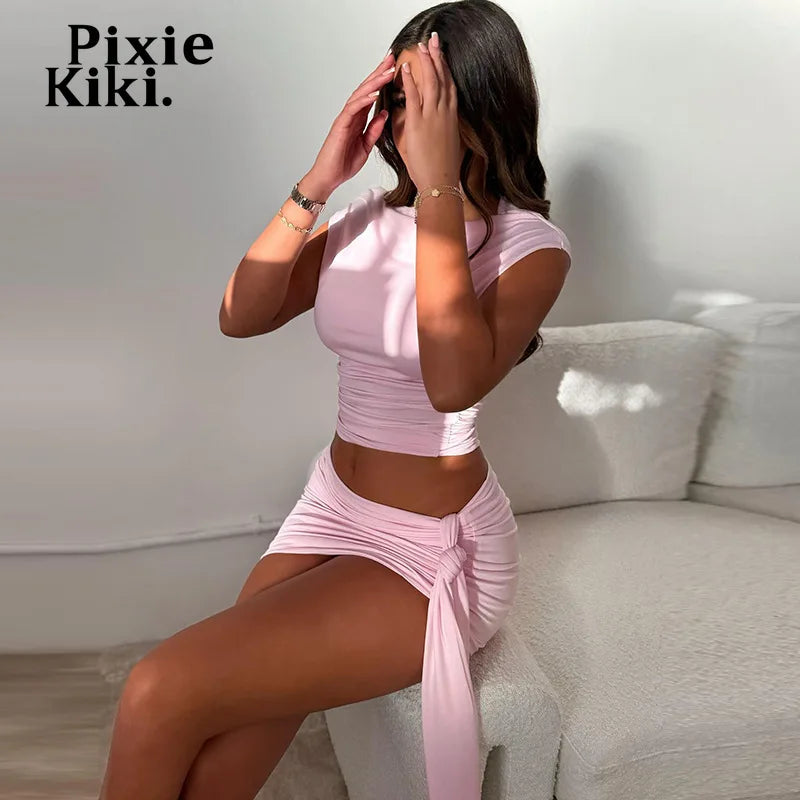 IMIEMIE PixieKiki Sexy Crop Top and Draped Mini Skirt Sets Women 2 Piece Outfit Summer Clothes Women 2024 Club Dress Suits C85-CZ24