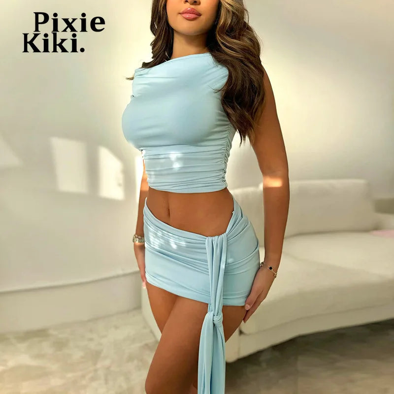 IMIEMIE PixieKiki Sexy Crop Top and Draped Mini Skirt Sets Women 2 Piece Outfit Summer Clothes Women 2024 Club Dress Suits C85-CZ24