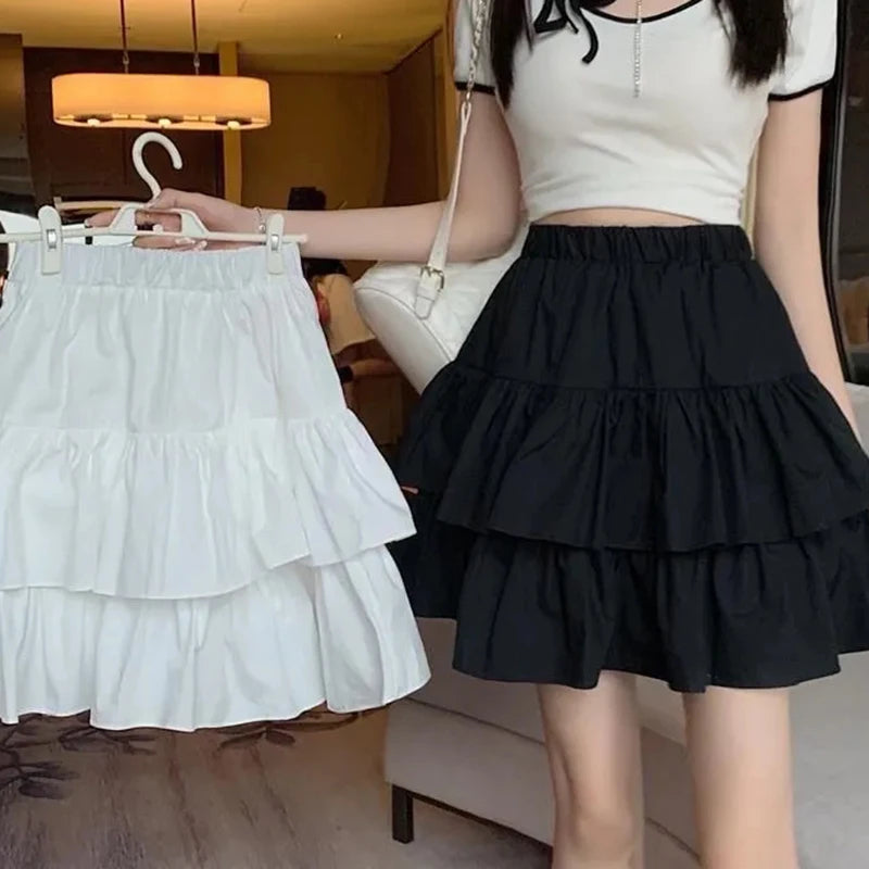 IMIEMIE Pleated A-Line Skirt Women White Ruffle Sweet Tierred Pretty Style Skirt Elastic Waist Summer Slim Basic Korean Harajuku Dress