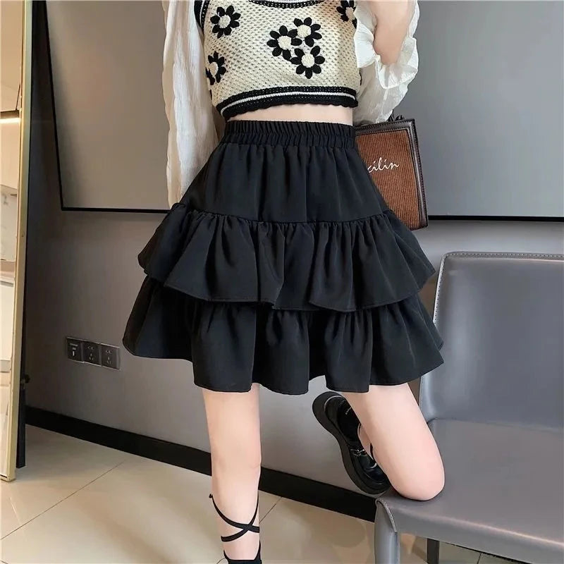 IMIEMIE Pleated A-Line Skirt Women White Ruffle Sweet Tierred Pretty Style Skirt Elastic Waist Summer Slim Basic Korean Harajuku Dress