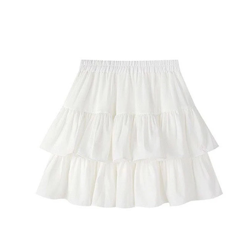 IMIEMIE Pleated A-Line Skirt Women White Ruffle Sweet Tierred Pretty Style Skirt Elastic Waist Summer Slim Basic Korean Harajuku Dress